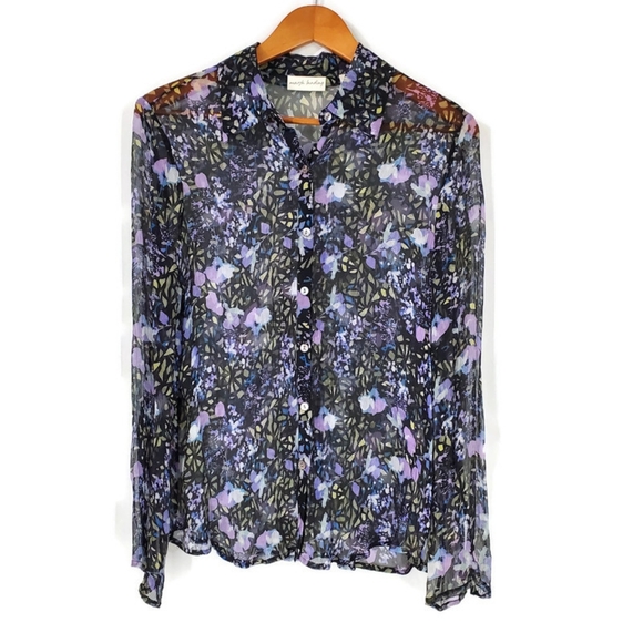 MARSH LANDING 100% Silk Black and Purple Sheer Button Up Floral Top Sz M - Picture 1 of 11